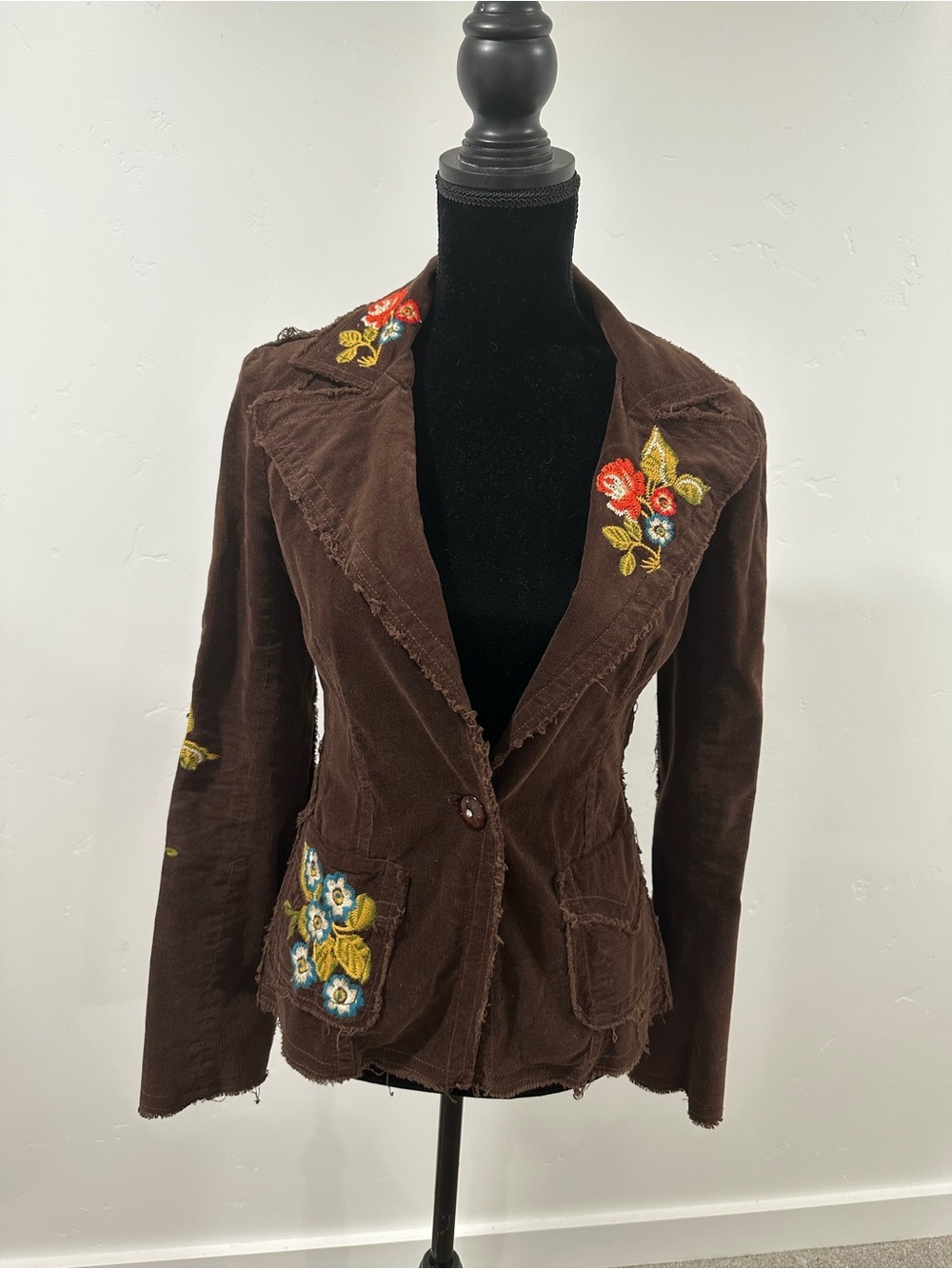 Johnny Was Brown Embroidered Blazer with Floral Appliqué